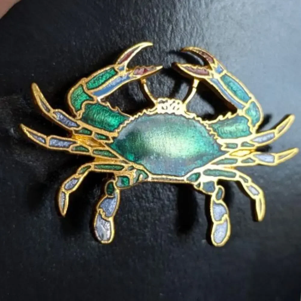 Wm Spear Brooch Pin Blue Green Iridescent Crab 1986 Signed Gold Tone Enamel 907